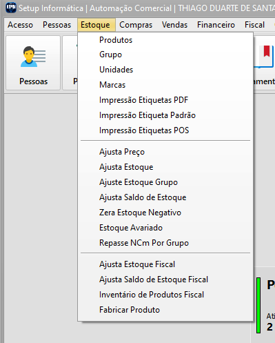 Menu de estoque